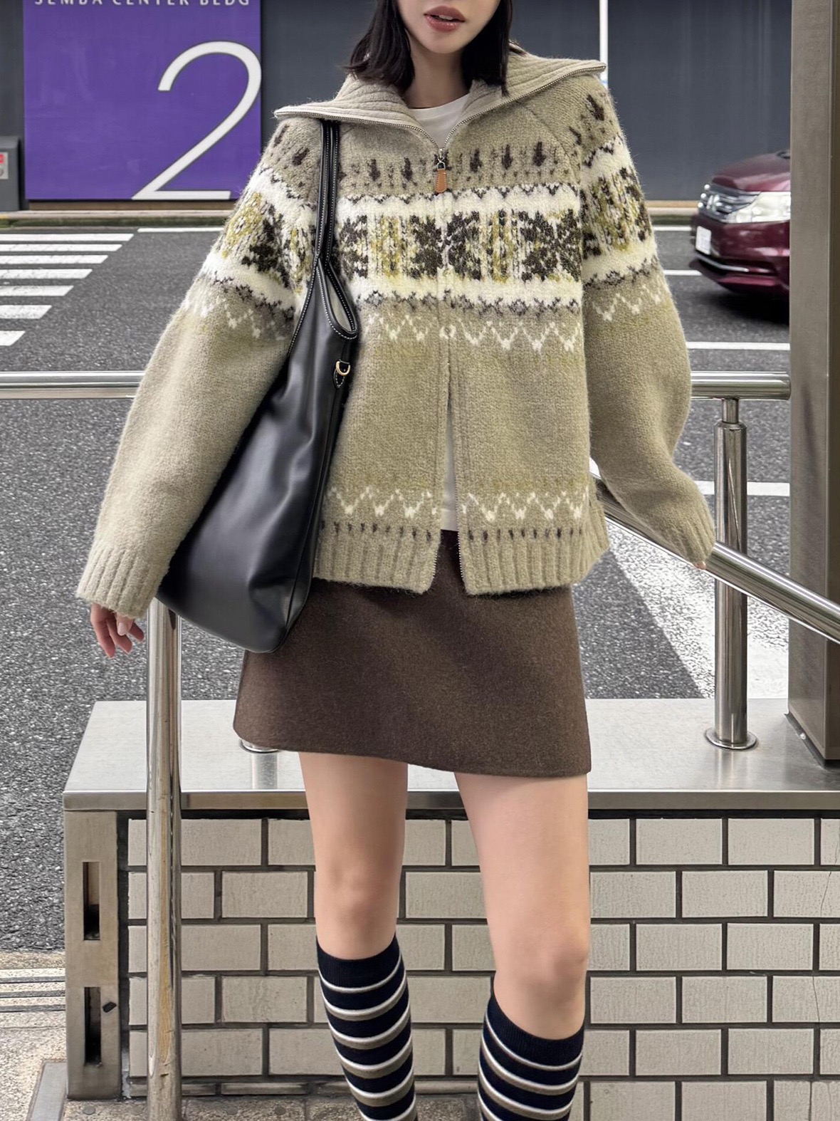 25秋冬SW绵羊毛混纺费尔岛翻领针织开衫女拉链撞色毛衣提花拉链女