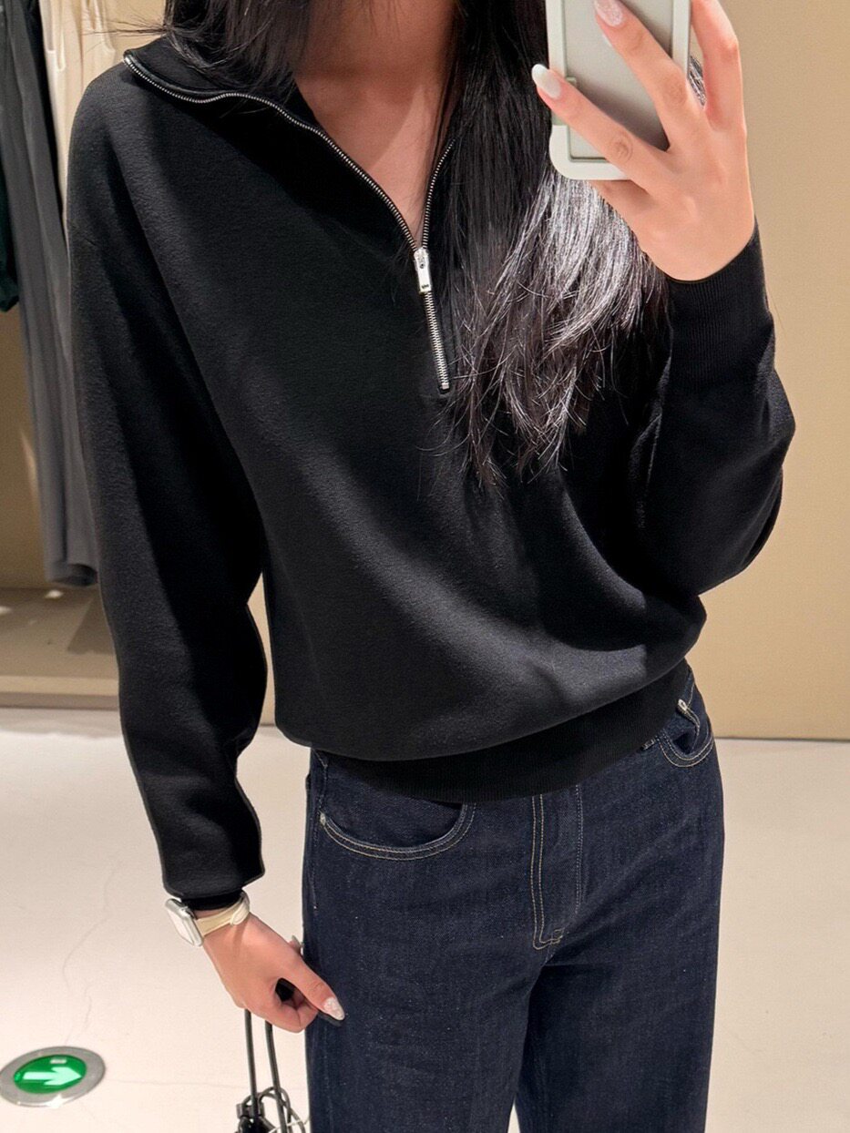 26秋季新品COS风标准版型烟囱领拉链针织衫黑色休闲毛衣女