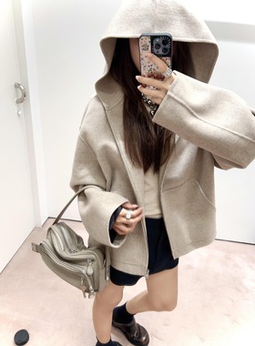 25新款AC同款宽松简约羊毛混纺拉链连帽外套双面尼短大衣男女同款