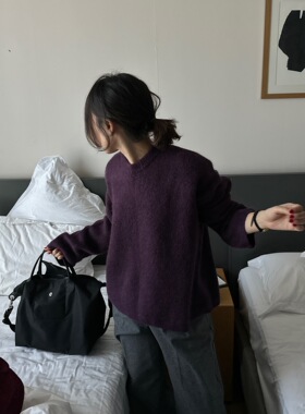 26春季紫色复古毛衣宽松慵懒风绒感保暖针织衫紫色厚羊毛上衣女