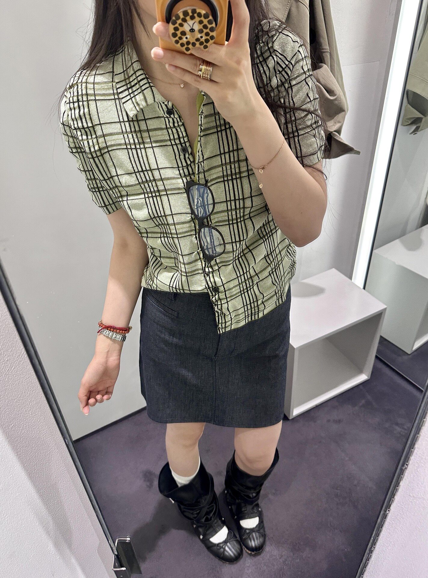 26春夏C家修身版型格纹提花衬衫绿色翻领针织短袖POLO复古上衣女