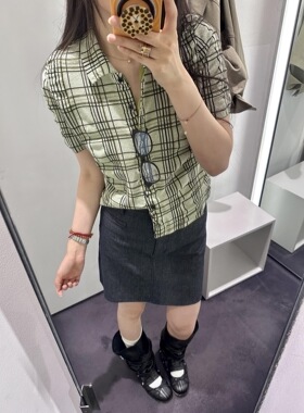26春夏C家修身版型格纹提花衬衫绿色翻领针织短袖POLO复古上衣女