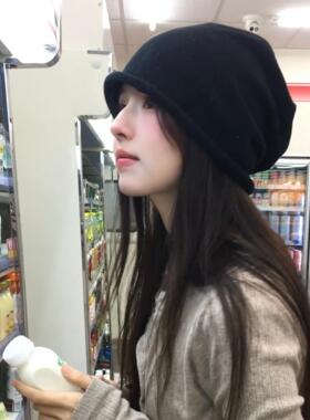 黑色卷边堆堆帽女秋冬日系百搭显脸小包头帽韩版大头围宽松冷帽子