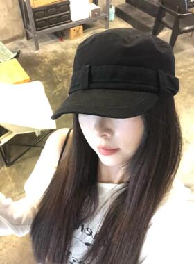 日系复古黑色贝雷帽女春秋季百搭大头围水洗鸭舌帽显脸小平顶帽子