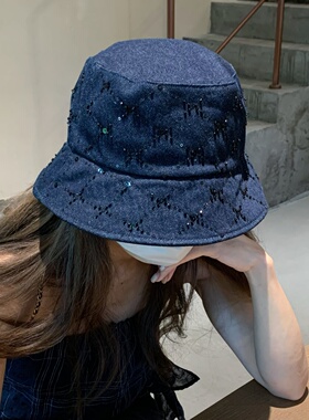GREENHOUSES韩国高品质复古牛仔渔夫帽子女新款亮片遮阳防晒盆帽