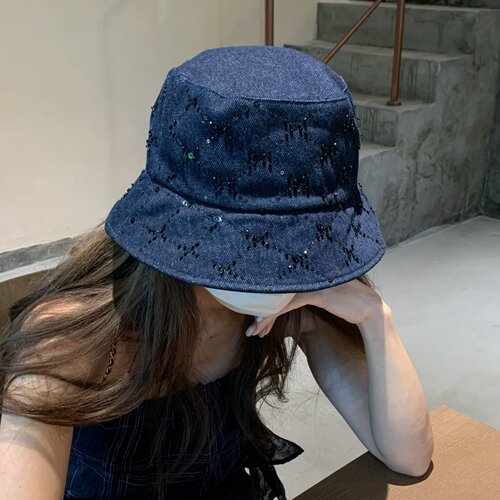 GREENHOUSES韩国高品质复古牛仔渔夫帽子女新款亮片遮阳防晒盆帽