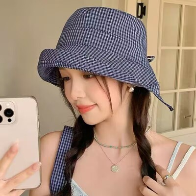 出日本~miu系甜美藏蓝格子大帽檐渔夫帽女夏遮脸显脸小蝴蝶结盆帽
