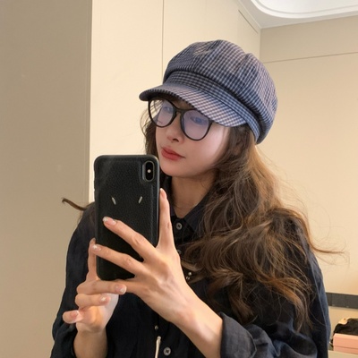 GREENHOUSES新款藏青格子miu系甜美贝雷帽女春夏季薄款复古八角帽