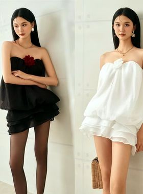 越十年越南小众hoivu新款甜美可爱少女风挂脖露背连衣裙+短裤套装
