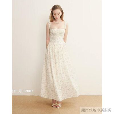 越十年越南小众品牌Truc法式复古碎花吊带连衣裙长裙