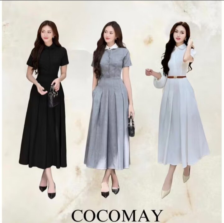 越十年越南小众cocomay新款优雅知性风衬衫领风琴褶收腰连衣裙