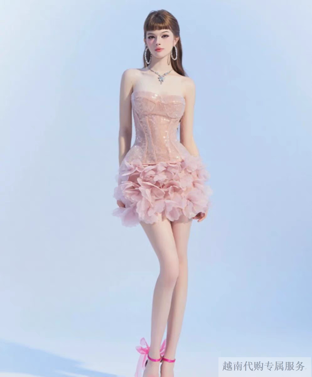 越十年越南小众品牌byjenny法式复古亮片鱼骨抹胸蓬蓬裙套装