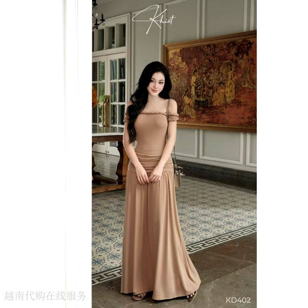 越十年越南小众khiet简约温婉优雅气质麻花一字肩褶皱包臀长裙