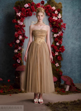 越十年越南小众sissy新款高贵典雅女神范印花抹胸收腰纱裙连衣裙