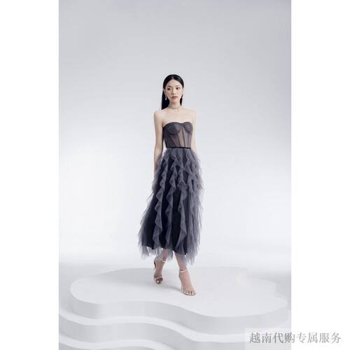 越南XIPI 透视抹胸荷叶边网纱叠层连衣裙仙女裙甜美中长款裙子