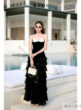 越十年越南小众Bydi新款甜美荷叶边撞色抹胸褶皱连衣裙