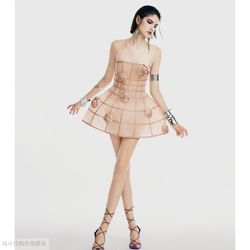 越十年越南小众Leger 新款法式精致抹胸鱼骨高腰立体花短裙