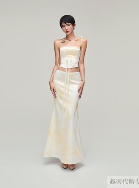 越十年越南小众moulin夏季气质淡黄色吊带上衣半身裙长裙套装女