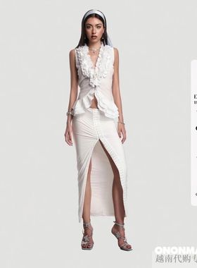 越十年 越南小众ononmade 挂脖领花朵透沙连衣裙高腰宽松半裙套装