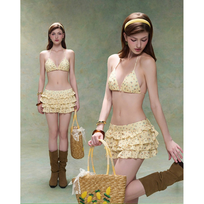 越十年越南小众beach新款优雅性感露背印花分层蛋糕裙式比基尼