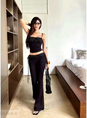 越十年越南小众killsystem法简约时尚波点褶皱吊带背心直筒裤套装