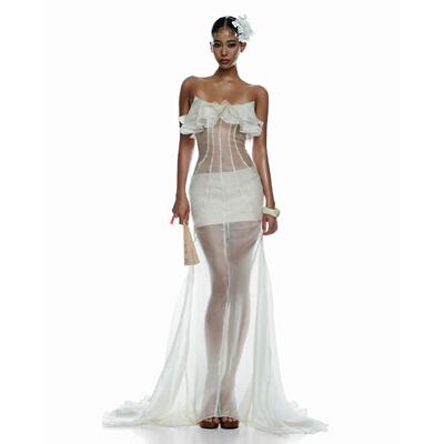 越十年越南小众ibiboss新款纯欲风抹胸网纱拼接优雅礼服连衣裙