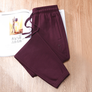小个子束脚全棉卫裤 枣红色纯棉运动裤 女春秋冬加绒拉链休闲灯笼裤