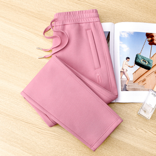 高腰休闲宽松拉链显瘦加绒直筒长裤 洋气藕粉色春秋厚款 运动女卫裤
