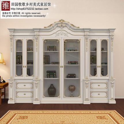 大户型欧式书房书柜实木靠墙储物柜酒柜收藏展示柜象牙白整墙书柜