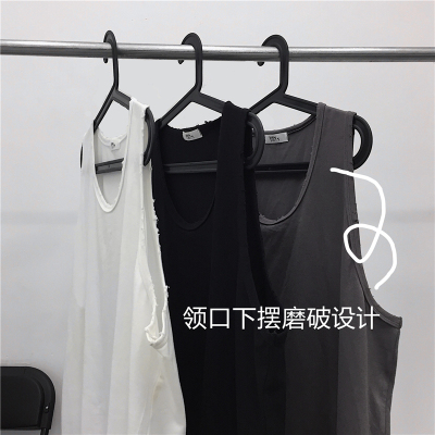 3211-P25 ins高街纯色下摆破洞内搭长款宽松打底无袖T恤背心男女