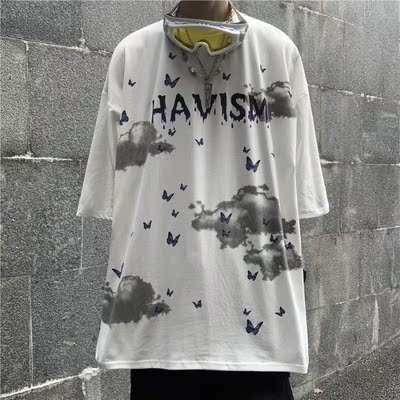 4501-P30 2020新款韩版INS潮流蝴蝶印花短袖T恤半袖男百搭暗黑系