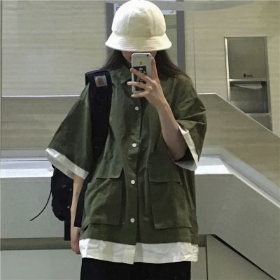3230-P45 2020韩国ins复古工装口袋拼接假两件短袖衬衫男女同款