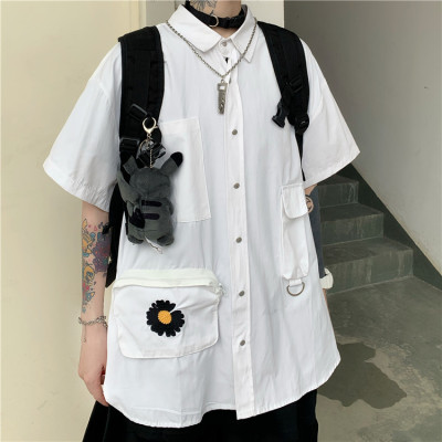 4378-P50 夏装情侣休闲宽松多口袋街头百搭工艺小雏菊短袖衬衫潮
