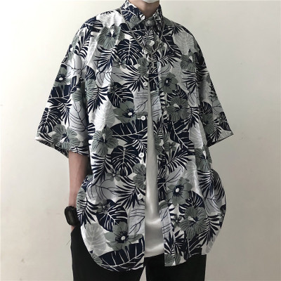 3140-P38 2020 韩国ins潮流韩版复古树叶满印花短袖衬衫衬衣男女