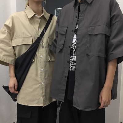 3107-P40 2020韩国复古原宿bf风宽松双大口袋工装短袖衬衫男女潮