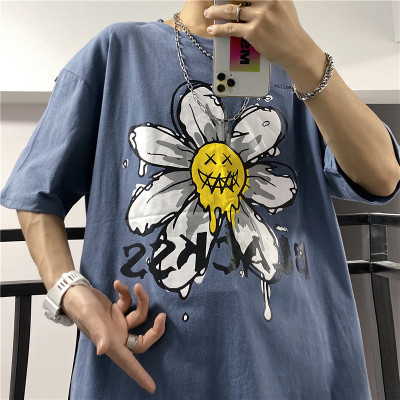A2798-P32 韩国ins复古涂鸦雏菊笑脸印花bf宽松嘻哈短袖T恤男女