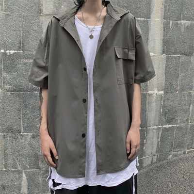 3460-P42 新款夏天原宿复古港风工装连帽短袖衬衫男上衣潮流