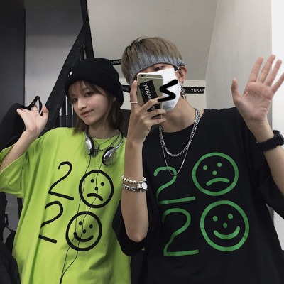 4784-P32 原宿风INS亮色系荧光绿2020表情印花宽松短袖T恤男女