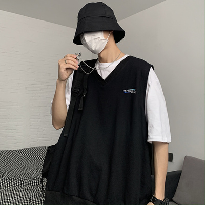 3225 T恤P25 背心P32  原宿BF风字母刺绣无袖背心纯色T恤男潮流