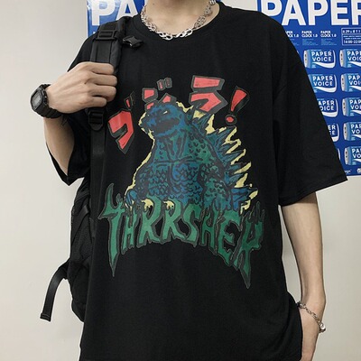 4207-P30 夏天潮流ins复古卡通印花童趣风短袖T恤男潮牌