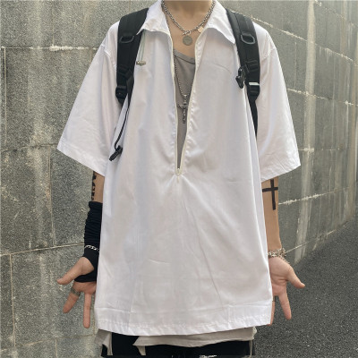 4559-P42 20夏天INS潮流复古高街拉链翻领短袖衬衫上衣男半袖