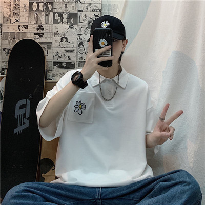 3509-P35 原创 ins小雏菊刺绣POLO衫翻领宽松短T恤男百搭潮流