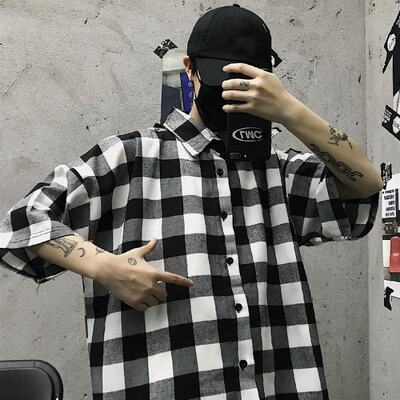 3074-P40 2020韩国INS原宿复古格子衬衣纯棉百搭开衫短袖男女潮流