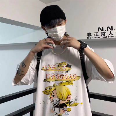 4590-P30 INS韩版港风复古卡通潮流宽松短袖T恤百搭上衣男嘻哈