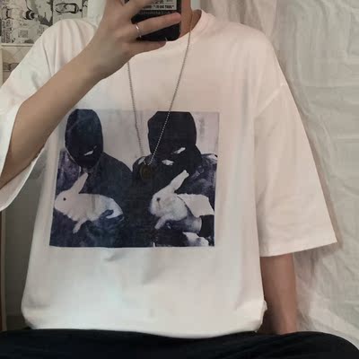 4298-P30 韩版ins匪帮印花宽松上衣百搭短袖T恤男半袖上衣潮流