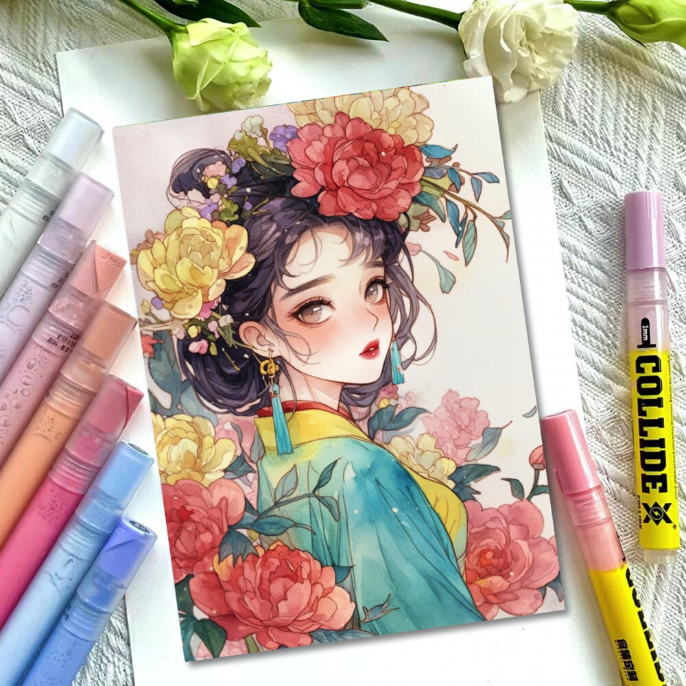 古风美人涂色卡马克笔上色国潮动漫人物创意美术线稿填色卡装饰画