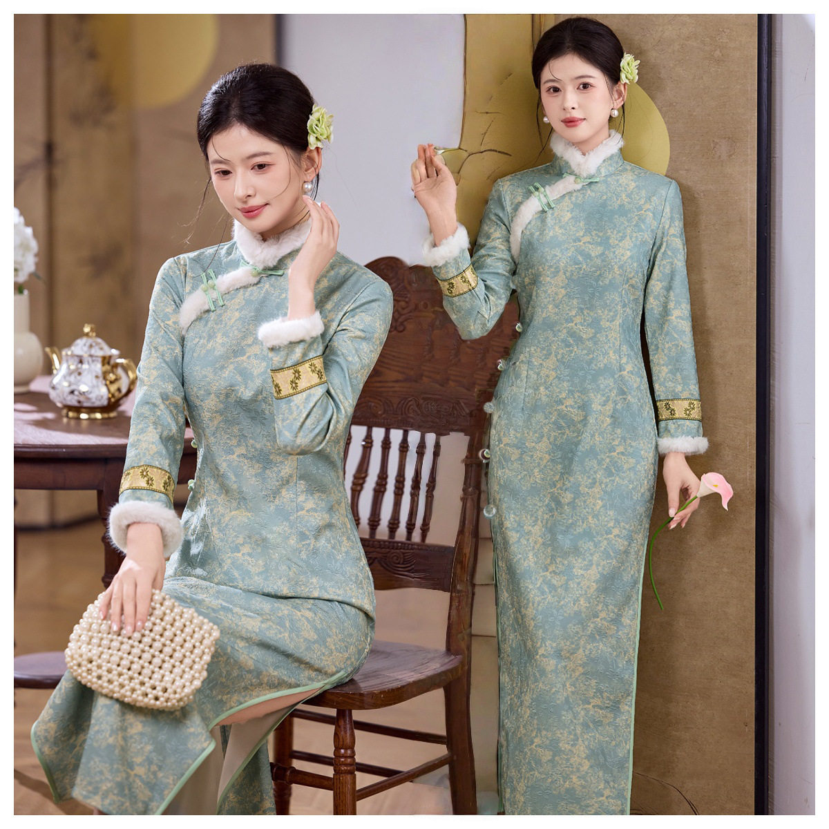 2025冬季新款提花复合超柔加毛加厚长款保暖改良版中国风修身旗袍,女装/女士精品,旗袍,淘宝优惠券,粉丝福利购,淘宝优惠卷