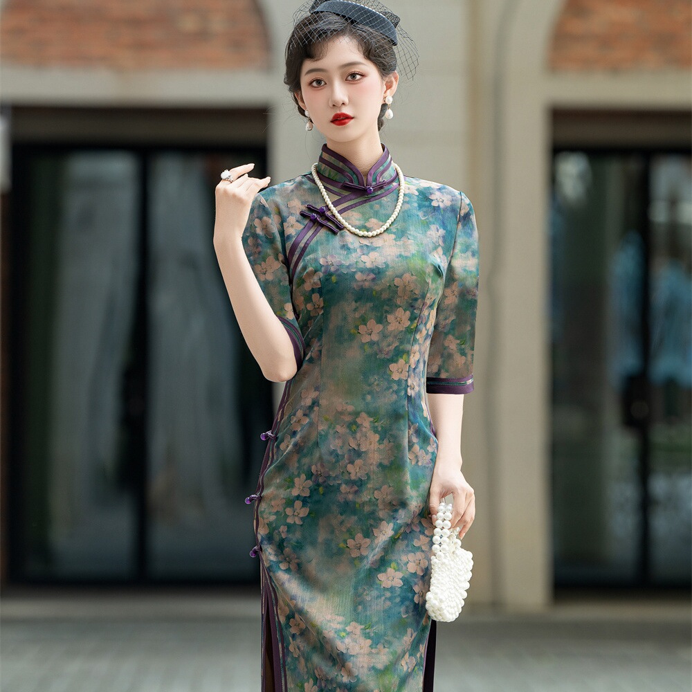 高端苏州旗袍新中式夏秋女2024新款国风绫罗缎提花连衣裙气质长款