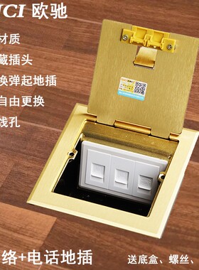 120开启隐藏式全铜地插座网络电话地插斜插防水双网口电脑地板插