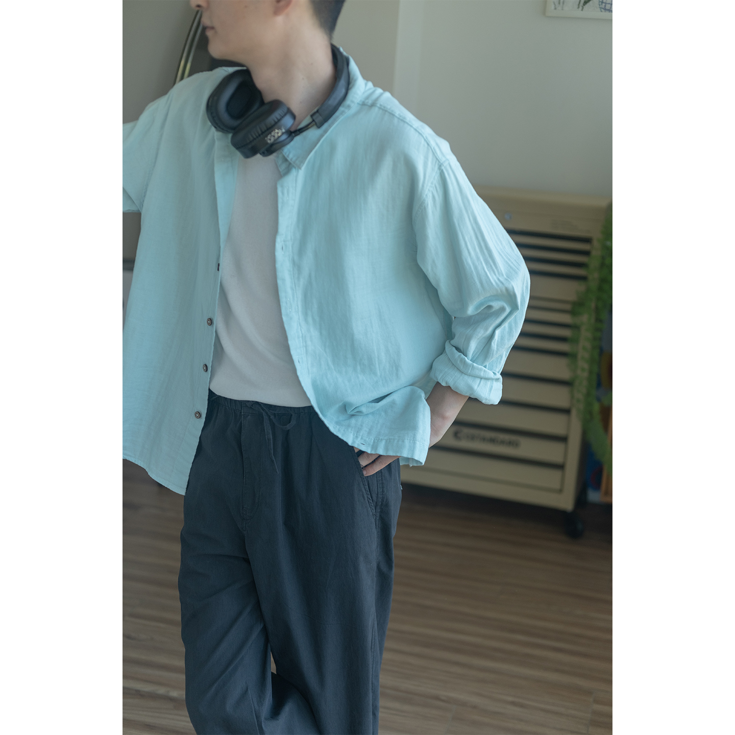 几立双层纱长袖翻领衬衫